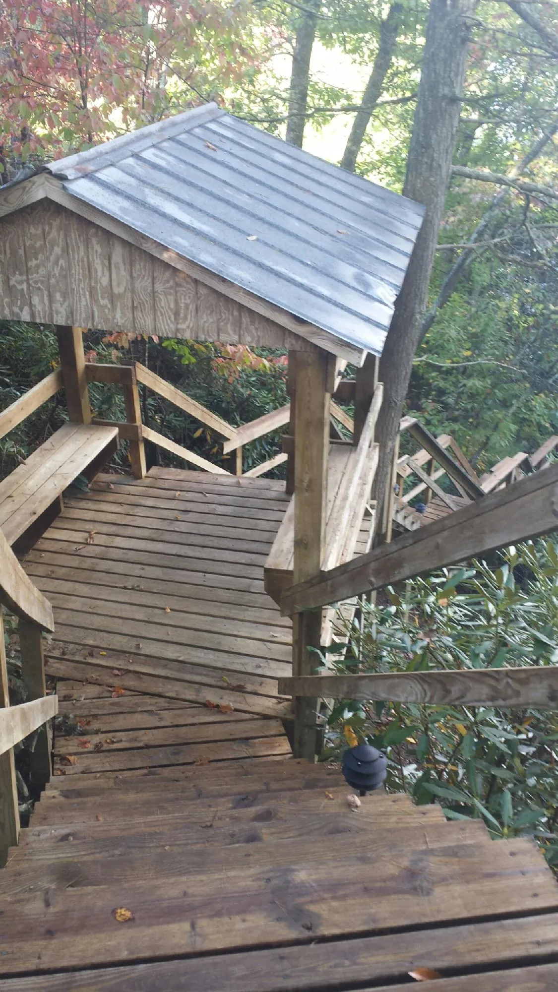 Metal roofed shelter over wooden steps on a wooded walkway — Skylight Repair & Installation work by our crew in Oregonia